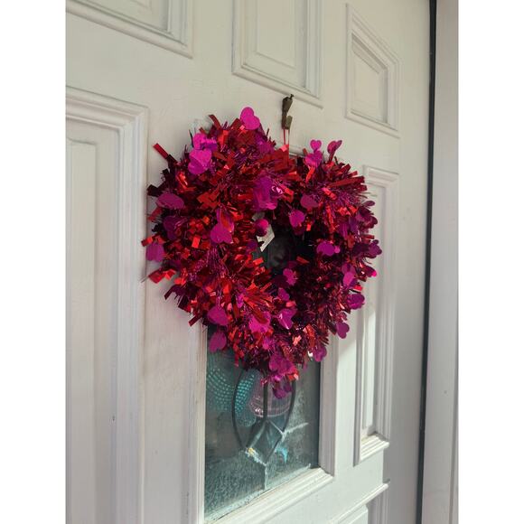 14” Red & Magenta Pink Tinsel Heart Valentines Day Wreath Door Hanger Wall Decor - Picture 4 of 6